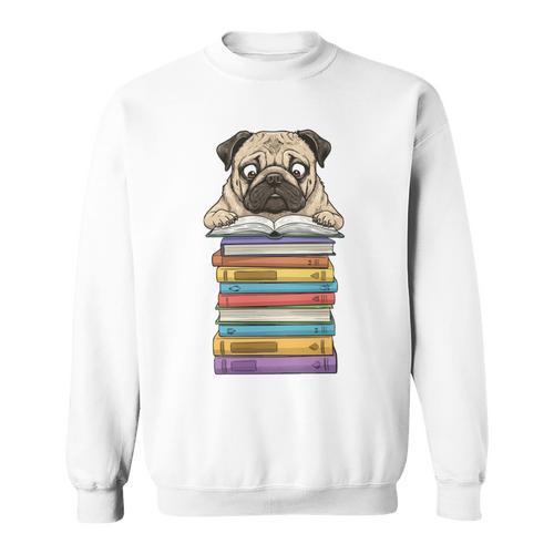 Cute Pug Dog Reading Book On Pile Of Books Sweatshirt - Bookorys