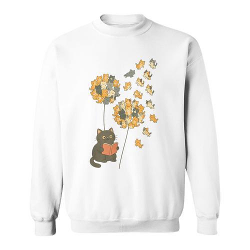 Cute Reading Cat With Kitten Dandelion Flowers Book Lover Sweatshirt - Bookorys AU