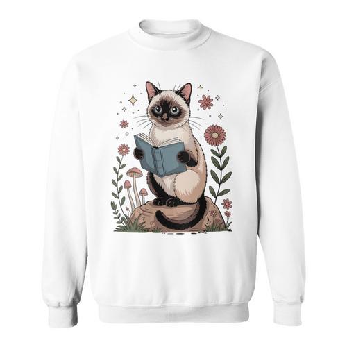 Cute Siamese Cat Reading Book Cottagecore Aestetic Sweatshirt - Bookorys AU