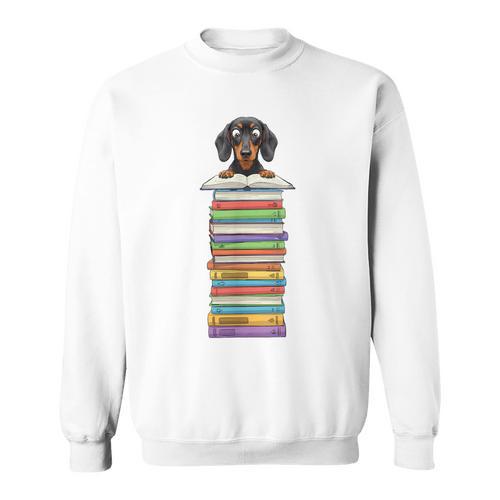 Cute Wiener Dog Dachshund Reading On Pile Of Books Sweatshirt - Bookorys