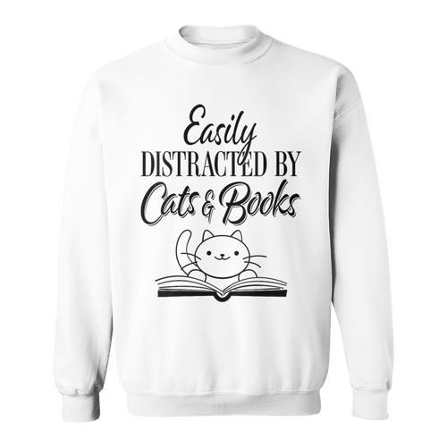 Easily Distracted By Cats & Books Cute Cat Book Lover Sweatshirt - Bookorys AU