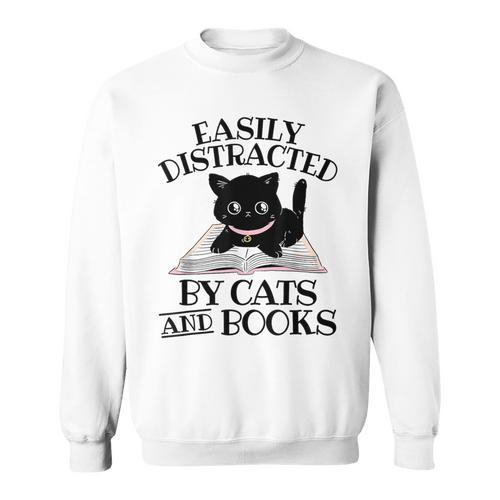 Easily Distracted By Cats And Books Cat Book Lover Sweatshirt - Bookorys UK
