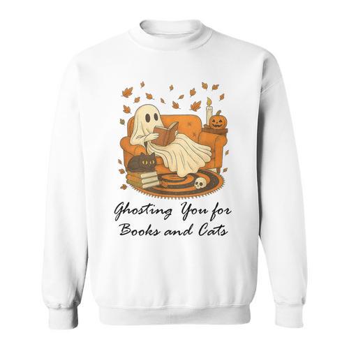 Fall Cat Ghosting You For Book Halloween Ghost Reading Sweatshirt - Bookorys CA