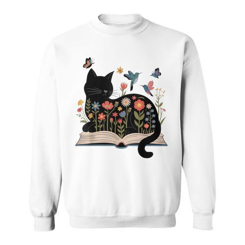 Floral Cat Reading Book Kitten Illustration Sweatshirt - Bookorys AU