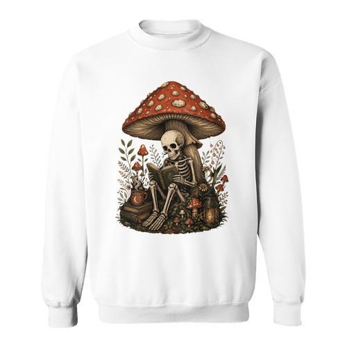 Floral Mushroom Skeleton Reading Books Gothic Humor Sweatshirt - Bookorys
