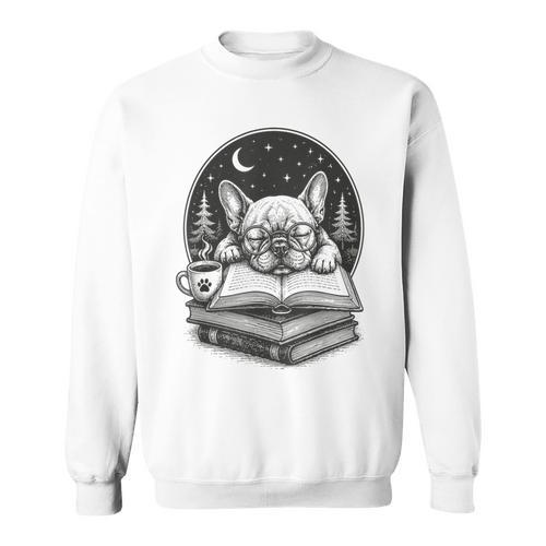 French Bulldog Reading Book Coffee Sky Glasses Sweatshirt - Bookorys