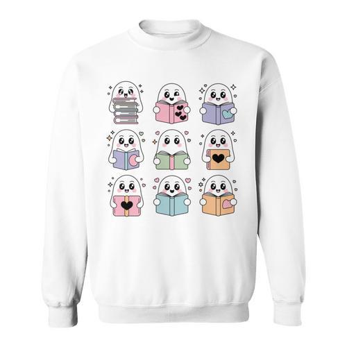 Halloween Ghosts Reading Books Pattern Spooky Kawaii Anime Sweatshirt - Bookorys