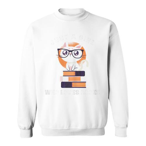 Just A Girl Who Loves Books Fun Nerd Cat Book Reading Shirt Sweatshirt - Bookorys