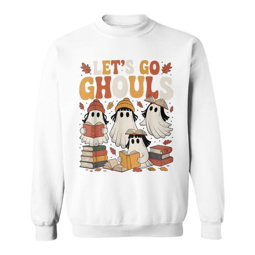 Let’s Go Ghouls Cozy Girly Ghosts Halloween Fall Book Lovers Sweatshirt - Bookorys