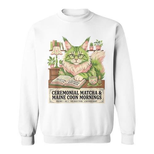 Matcha Drinking Maine Coon Cat Reading Books Aesthetic Sweatshirt - Bookorys AU