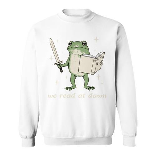 We Read At Dawn Vintage Frog Reading Book Frog Meme Sweatshirt - Bookorys