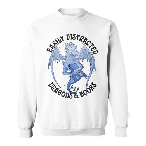 Reading Easily Distracted By Dragons & Books Lover Bookworm Sweatshirt - Bookorys AU