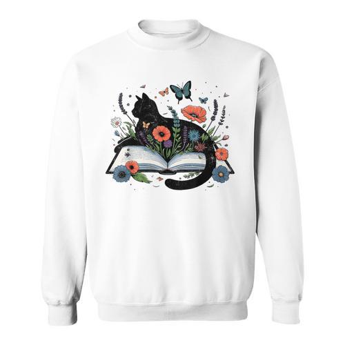 Retro Cute Cat Floral Book Librarian Vintage Floral Cat Book Sweatshirt - Bookorys