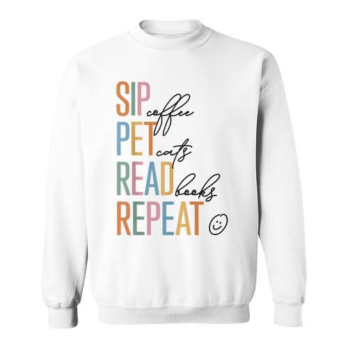 Sip Coffee Pet Cats Read Books Repeat Book Cat Lover Sweatshirt - Bookorys AU