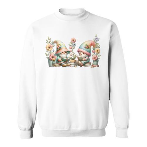 Teacher Gnome Motif Floral Stack Of Books Decor Cute Reading Sweatshirt - Bookorys DE