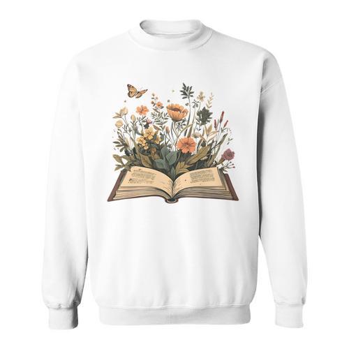 Women Book Lover Wildflowers Cottagecore Flowers Book Sweatshirt - Bookorys