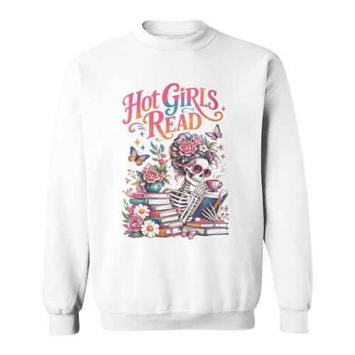 Women's Hot Girls Reader Floral Book Lover Cute Skeleton Reading Sweatshirt - Bookorys DE