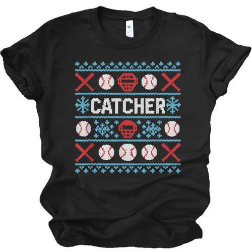 Baseball Catcher Ugly Christmas Sweater Pattern Sports Xmas Unisex Jersey T-Shirt - Sportilla