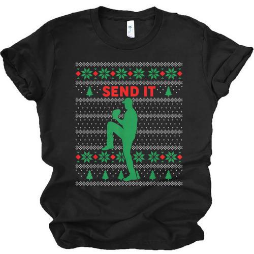 Baseball Player Christmas Pajama Send It Xmas PJs Boys Unisex Jersey T-Shirt - Sportilla