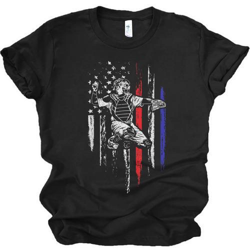 Patriotic Baseball Catcher American Flag Sports Tee Unisex Jersey T-Shirt - Sportilla