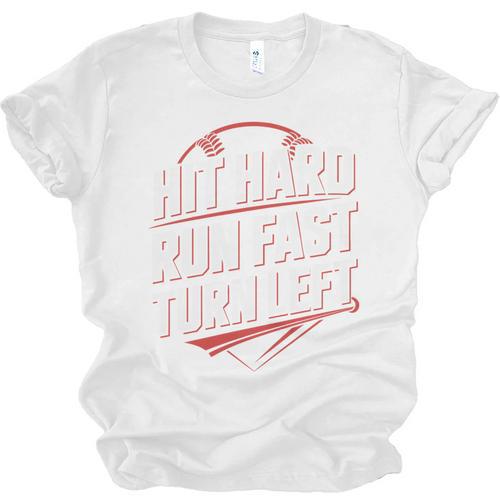 Hit Hard Run Fast Turn Left Baseball Fan Red Graphic Unisex Jersey T-Shirt - Sportilla