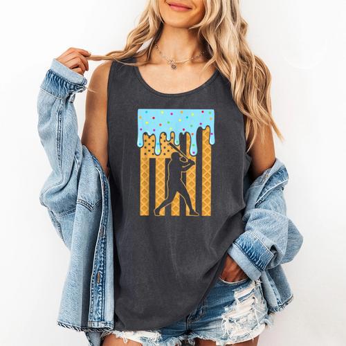 Baseball Drip Dripping Ice Cream Sport Player American Flag Comfort Colors Tank Top - Sportilla