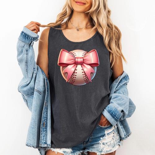 Baseball Mom Coquette Pink Bow Baseball Mom Comfort Colors Tank Top - Sportilla