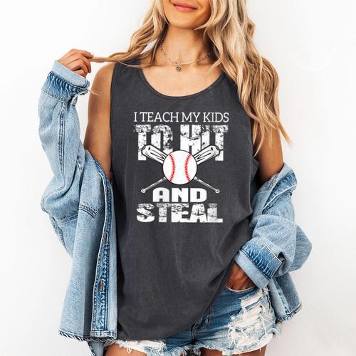 Baseball Mom Quote I Teach My Kids To Hit And Steal Comfort Colors Tank Top - Sportilla