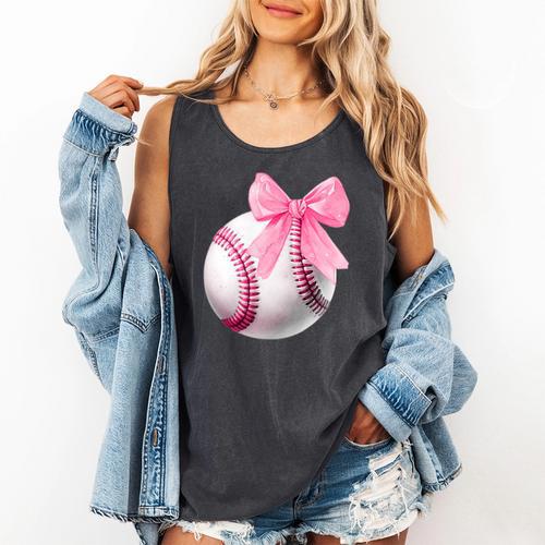 Cute Coquette Baseball Pink Bow Player & Fan Girls Comfort Colors Tank Top - Sportilla