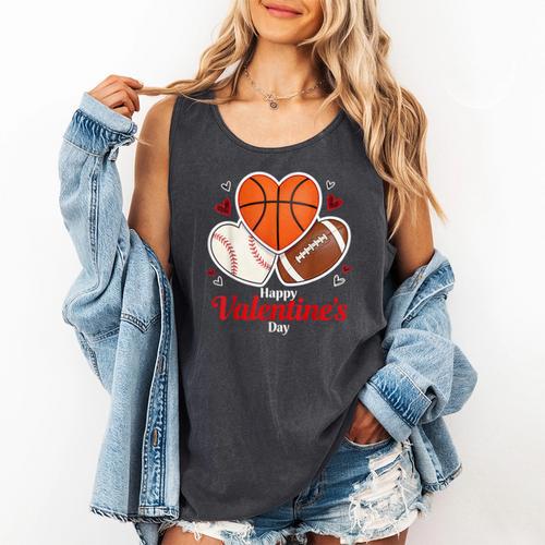 Happy Valentine’s Basketball Football Valentine Baseball Comfort Colors Tank Top - Sportilla