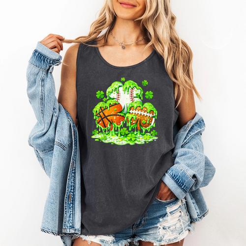 Kids St Patricks Day Shamrock Basketball Baseball Football Comfort Colors Tank Top - Sportilla