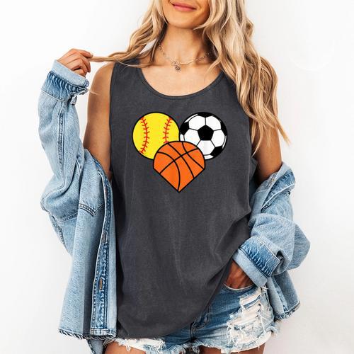 Mom Sports Heart Soccer Basketball Baseball Softball Comfort Colors Tank Top - Sportilla