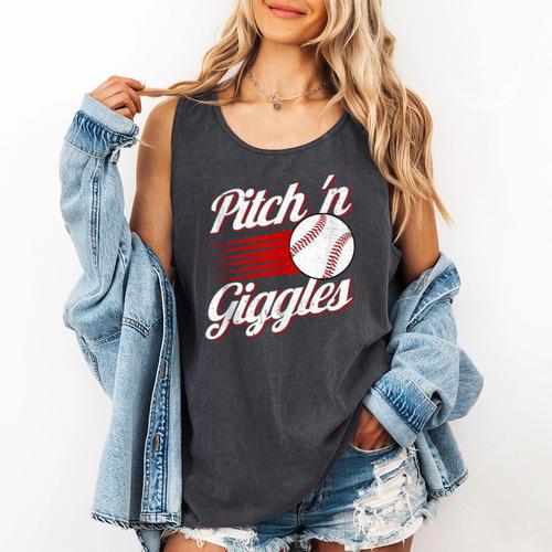 Pitch 'n Giggles Baseball Player Women Baseball Mom Comfort Colors Tank Top - Sportilla