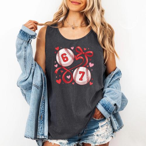 Six Seven Baseball Lover Sports Red Heart Bow Valentine Girl Comfort Colors Tank Top - Sportilla