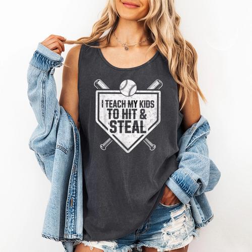 I Teach My Kids To Hit & Steal Baseball Player Coach Dad Tee Comfort Colors Tank Top - Sportilla