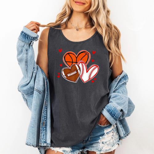 Valentines Baseball Basketball Football Heart Boy Men Comfort Colors Tank Top - Sportilla