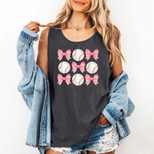 Baseball Mom Sister Tween Teen Girl Girly Pink Bow Preppy Premium Comfort Colors Tank Top - Sportilla