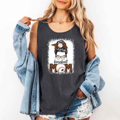 Baseball Mom Women Messy Bun Leopard Mother's Day Comfort Colors Tank Top - Sportilla