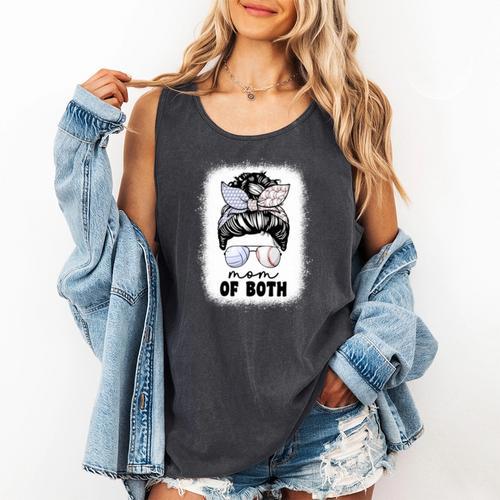 Mom Of Both Volleyball And Baseball Mom For Women Messy Bun Comfort Colors Tank Top - Sportilla
