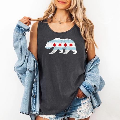 Sweet Vintage Retro Chicago City Flag Bear Print Raglan Baseball Tee Comfort Colors Tank Top - Sportilla