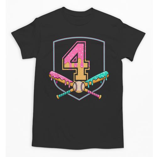 4th Birthday Baseball Bat Ice-Cream Drip 4yrs Old Boys Girls Unisex T-Shirt - Sportilla
