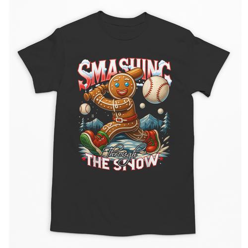 Baseball Player Christmas Gingerbread Smashing Through Snow Unisex T-Shirt - Sportilla