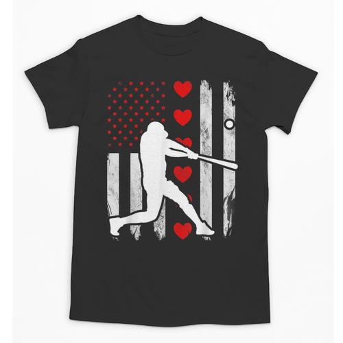 Baseball Silhouette Heart USA Flag Hearts American Boys Kids Unisex T-Shirt - Sportilla