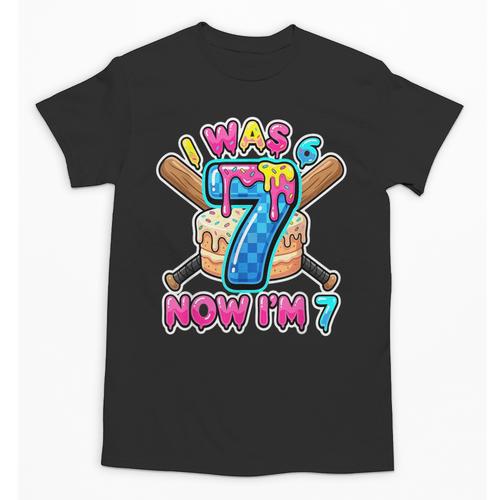 Blue Checkered I Was 6 Now I'm 7 Birthday Cake Baseball Drip Unisex T-Shirt - Sportilla