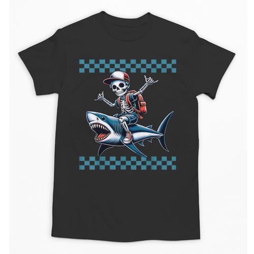 Boys Skeleton Riding a Shark Back To School Unisex T-Shirt - Savourry