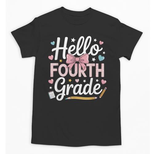 Hello Fourth Grade Back To School Girl Hearts Pink Bow Kids Unisex T-Shirt - Savourry