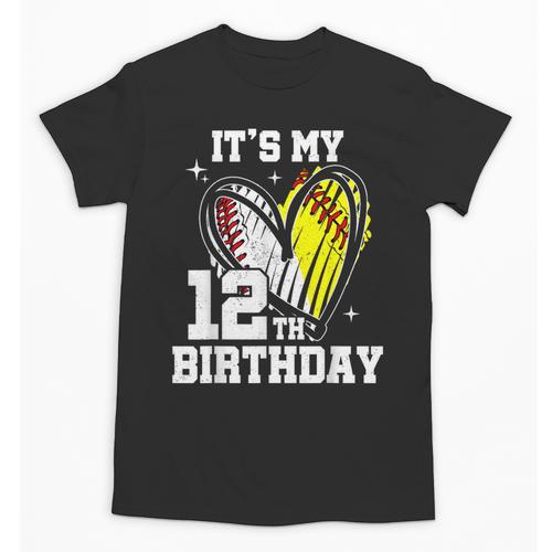 It's My 12th Birthday Baseball Softball Heart 12 Year Old Unisex T-Shirt - Sportilla