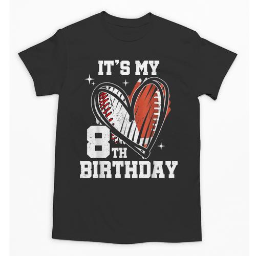 It's My 8th Birthday Baseball Football Heart 8 Year Old Unisex T-Shirt - Sportilla