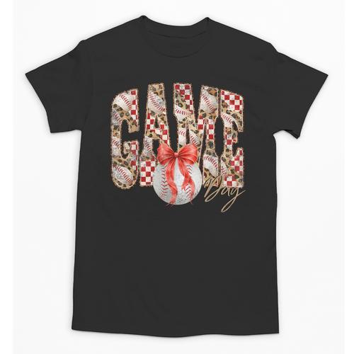 Leopard Checkered Game Day Baseball Coquette Bow Women Girls Unisex T-Shirt - Sportilla
