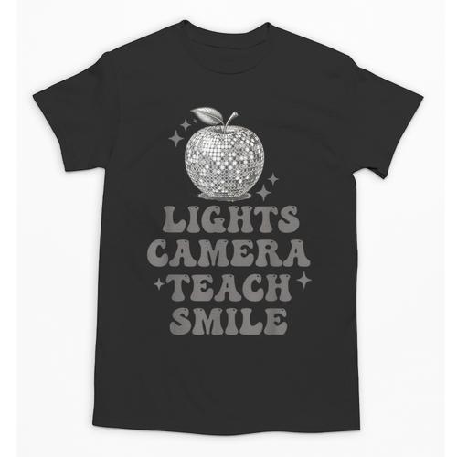 Lights Camera Teach Smile Disco-Ball Back To School Outfit Unisex T-Shirt - Savourry